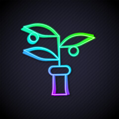 Wall Mural - Glowing neon line Plant breeding icon isolated on black background. Plants growing in the test tubes. Organic food ,agriculture and hydroponic. Vector