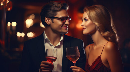 Beautiful young couple with glasses of red wine in luxury restaurant