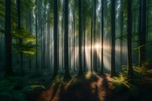 A Dense Forest At Dawn, With Rays Of Sunlight Piercing Through The Trees, Creating An Ethereal And Captivating Atmosphere