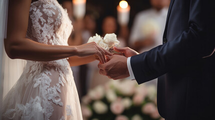 The groom in a blue suit puts a gold ring on the finger of the bride's hand at the ceremony.