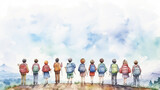 Fototapeta Londyn - a row of children with backpacks view from the back against a white sky banner poster watercolor painting design back to school camp