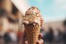 A Hand Holding An Indulgent Ice-cream Cone With Sprinkles, Perfect For Cooling Off And Savoring Summer Vibes In The City.