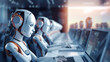 © Maneerat - Artificial intelligence robot working at computer in office. IT team, Humanoid support center, Futuristic worker, Work at call center. Generative AI