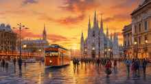 Oil Painting On Canvas, Street View Of Milan. Artwork Milano. Big Ben. Man And Woman On Street, Bus And Road. Tree. Italy (ai Generated)