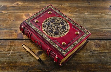 Wall Mural - Elegant Red Leather Old Book Cover with Gilded Frame and Central Detail