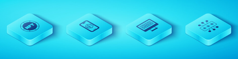 Set Isometric NFT Digital crypto art, Mobile with store app, Cyber security and Binary code icon. Vector
