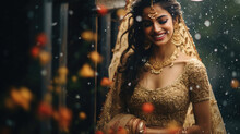 Stunning Indian Bride Dressed In Hindu Traditional Wedding Clothes Lehenga Embroidered With Gold And A Veil Smiles Tender Posing Outside With Golden Accessories Under The Rain Of Petals
