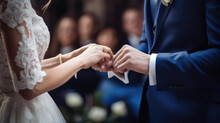The Groom (man) Puts A Ring On The Finger Of His Left Hand To The Bride (girl) At The Wedding Ceremony. Hand In Hand. Wedding. Visiting Ceremony. Wedding Dress. Bride And Groom.