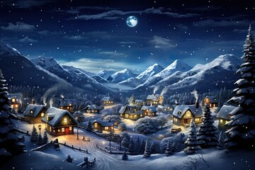 Enchanting snow-covered village, festive houses, and adorned evergreens under moons glow. Concept of picturesque winter wonderland.