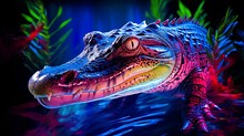 A Crocodile Swimming Underwater Is Illuminated By A Bright Neon Light.