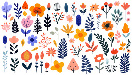 Wall Mural - hand drawn abstract wildflowers, set flowers and leaves, flat icons. vector illustration