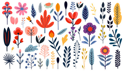 Wall Mural - hand drawn abstract wildflowers, set flowers and leaves, flat icons. vector illustration