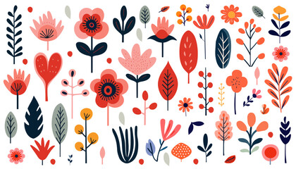 Wall Mural - hand drawn abstract wildflowers, set flowers and leaves, flat icons. vector illustration