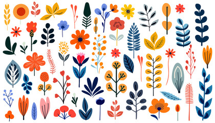 Wall Mural - hand drawn abstract wildflowers, set flowers and leaves, flat icons. vector illustration
