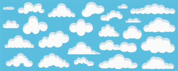 Wall Mural - Clouds set isolated on a blue background. Simple cute cartoon design. Icon or logo collection. . Vector illustration