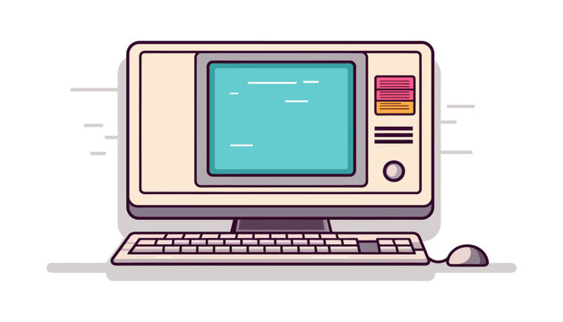 Print for T-shirts in the style of the 90s. Old computer in flat graphic style . Vector illustration