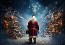 Santa Against The Backdrop Of A Huge Number Of Gift Boxes