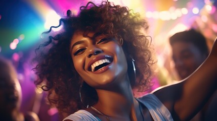 Cheerful image of a woman in confetti. Festive carnival.