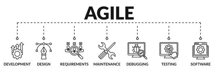 Banner of agile web vector illustration concept with icons of development, design, requirements, maintenance, debugging, testing, software