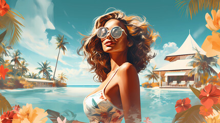 Illustration of a beautiful woman on vacation on a tropical island