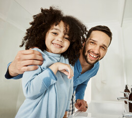 Wall Mural - Portrait smile, father and child in bathroom in home for hygiene, cleaning and care. Face, dad and happy girl bonding together, wellness and having fun with family support, love and trust at house