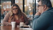 © Mickael - Unhappy, angry and stressed couple sitting on a coffee shop together and arguing. Mature man and chubby woman looking annoyed and ready for divorce. Generative ai
