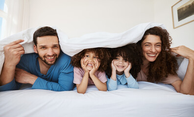 Poster - Bedroom portrait, kids and parents happiness, bond or relax morning wellness, love and home comfort. Blanket, face or family mom, dad and interracial children happy, support or rest on bed mattress