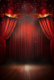 Fototapeta  - Red curtain on magic theatre stage, with spotlight show, with space for text