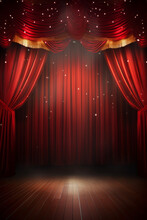 Red Curtain On Magic Theatre Stage, With Spotlight Show, With Space For Text