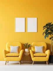 Wall Mural -  Recliner chair and white mock up poster frame on yellow wall. Interior design of modern living room