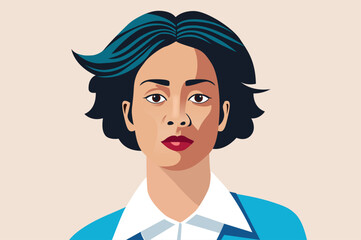 Aufkleber - Black woman face and upper body portrait - Vector illustration of female person portrait with serious facial expression short hair and casual clothing. Flat design