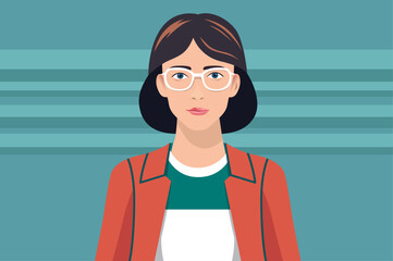 Aufkleber - Young woman with glasses - Illustration of girl character face and upper body looking in to camera with serious facial expression. Flat design vector with green background