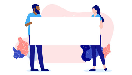Poster - People holding banner template - Illustration of two businesspeople with blank poster sign to insert your own message and text. Flat design vector with white background