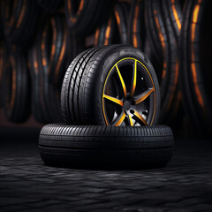 Wall Mural - New car tires, with dark background