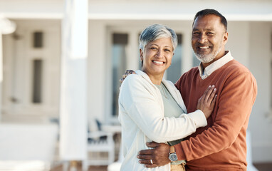 Poster - Portrait, mature couple and smile by home, bonding and having fun together. Happy face, Indian man and woman in healthy relationship, connection and support in trust for love in retirement at house