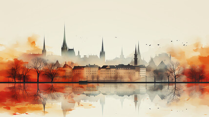 Cityline watercolor painting landscape abstract old european city background white, autumn print poster