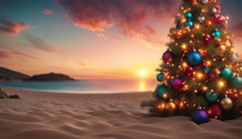 Beautiful Christmas Tree At The Beach With Copy Space