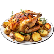 Roasted Chicken With Potatoes, Mushrooms And Vegetables On White 