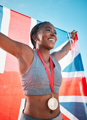 Canvas Print - Exercise, winning and black woman with celebration, UK flag and sports with competition, achievement and champion. African person, athlete or winner with British symbol, pride and medal for victory