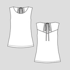 Women knotted back detail sleeveless top fashion flat sketch cad mock up technical drawing design vector