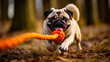 A playful and mischievous Pug engaging in a playful game of tug-of-war with its favorite toy