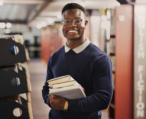Poster - Student, university and portrait of black man in library for learning, education and reading books. Academy, college and happy African person with textbooks for research, school project and studying
