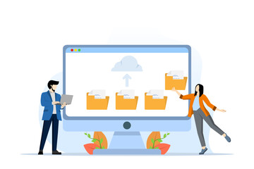 Sticker - People with cloud data concept. Online services for storing and sharing information. Download and upload files and documents. Storage and archives, servers. Flat vector illustration on background.