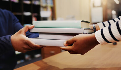 Sticker - Hands, library and return books for learning, knowledge or research at academy, development or reading. People, giving and closeup with welcome, care and help desk with receptionist at university