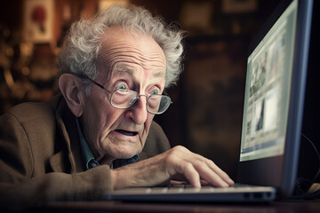 Technology and lifestyles concept. Close-up portrait of old man with surprised face looking and trying to work with computer. Generative AI