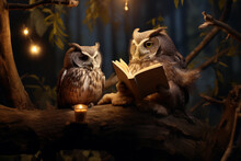 A Patient Owl Teaching A Young Squirrel To Read Under The Moonlight, Love  