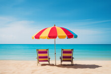 Holiday Background: Sun Loungers With Umbrella On The Beach With Ocean View