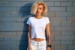 blonde haired female wearing white tshirt for mock up with music themed background