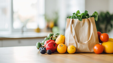 Wall Mural - fresh vegetables and fruits in a modern kitchen in a shopping bag