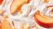 Yogurt And Fresh Peaches, Background. Top View. Generative AI